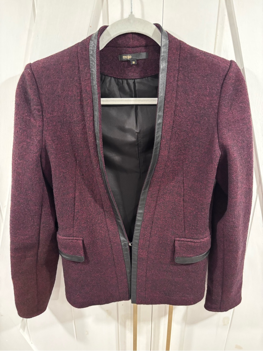 Maje Plum Textured Open-Front Blazer with Leather Trim